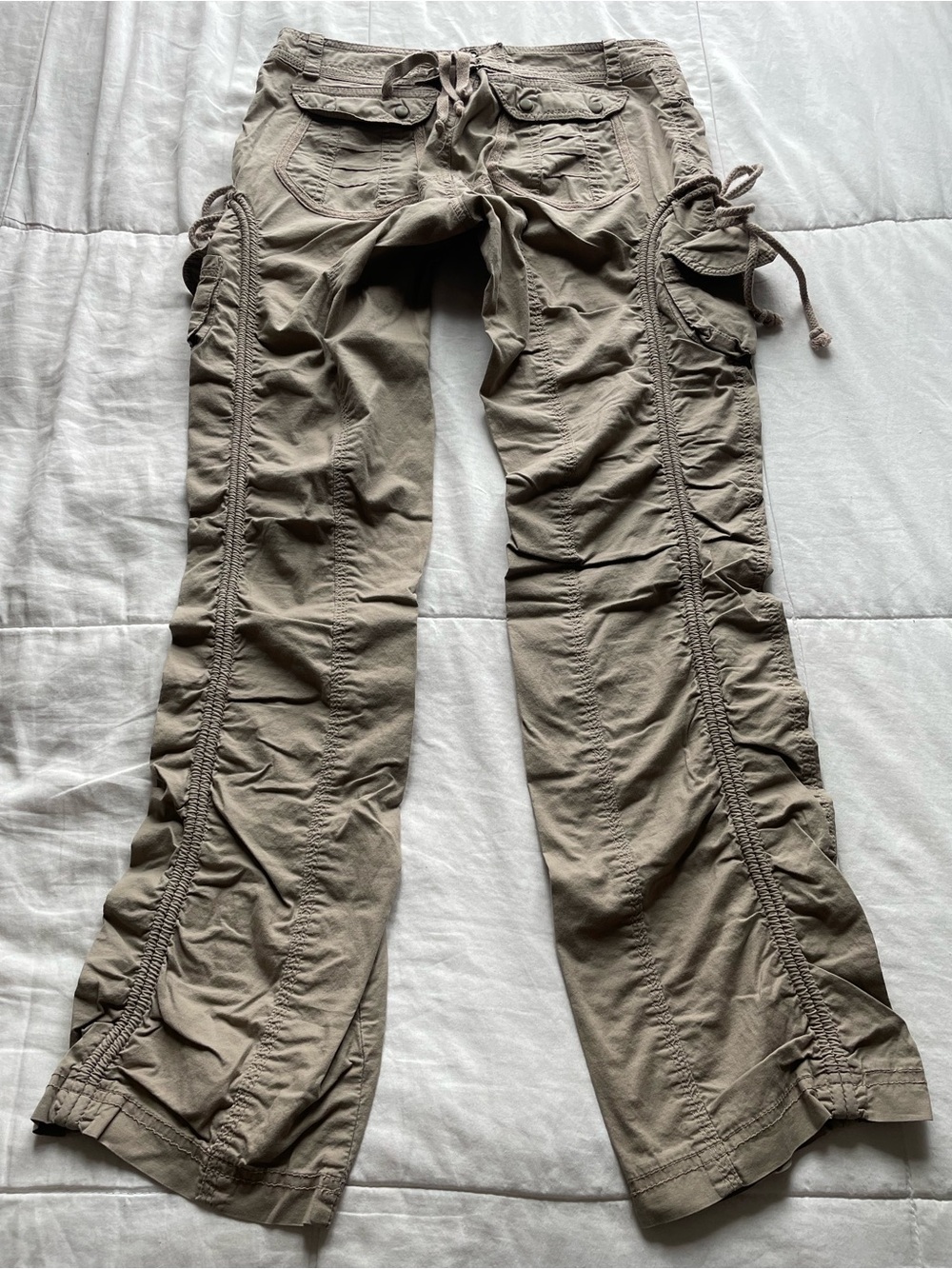 Y2K Max Rave Low Rise Khaki Ruched Cargo Pants Small Utility Skater Streetwear